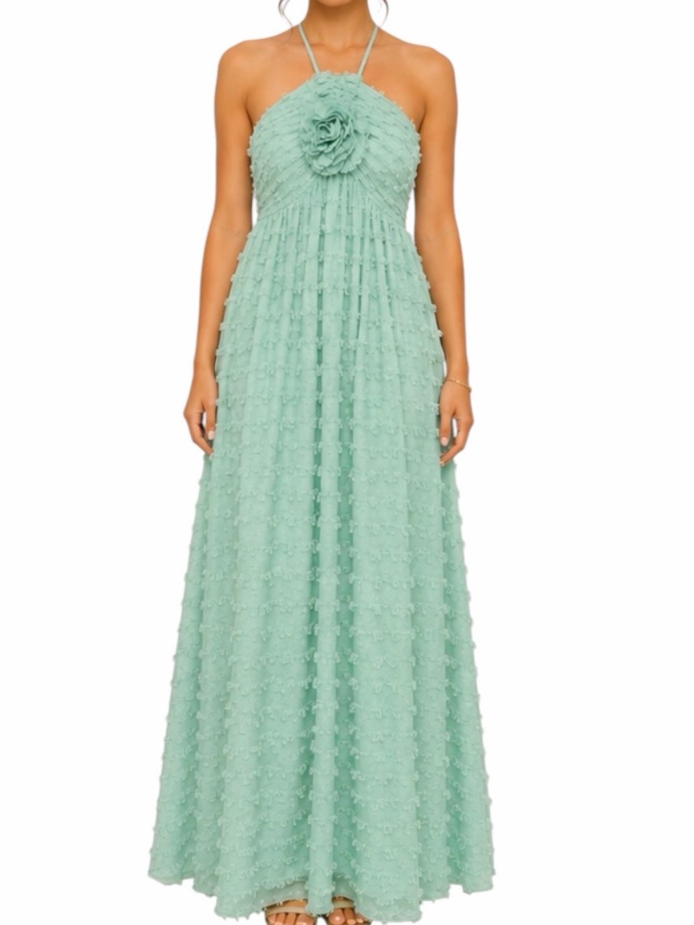 Alexis Sole Women’s Textured Strappy Maxi Prom Dress with Rosette in Mint Green